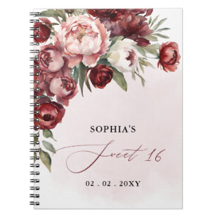 Caderno Espiral Burgundy Blush Floral Sweet 16 Guest Book