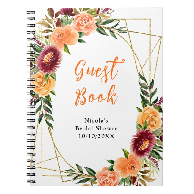 Caderno Espiral Burgundy Orange Flowers Bridal Shower Guest Book (Frente)