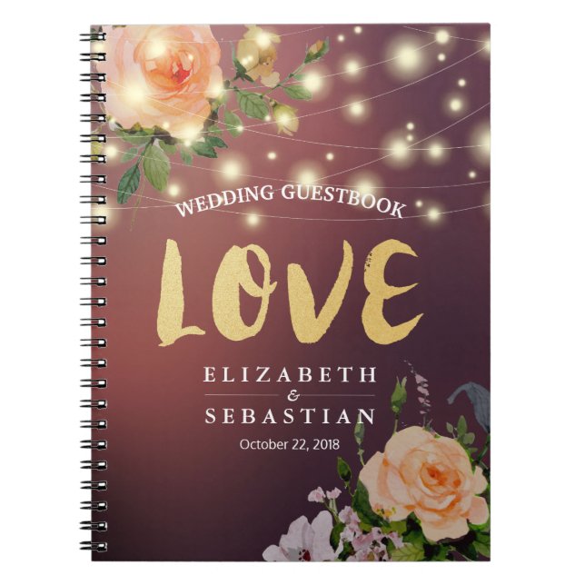 Caderno Espiral Burgundy Red Floral Light Weding Guestbook (Frente)