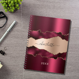 Caderno Espiral Burgundy rosa gold metal agate marble name script