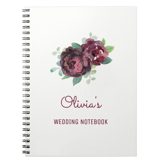 Caderno Espiral Burgundy Rosas Notebook de Planejamento de Casamen (Frente)