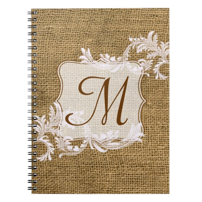 Caderno Espiral Burlap Country Lace Monograma Inicial (Frente)