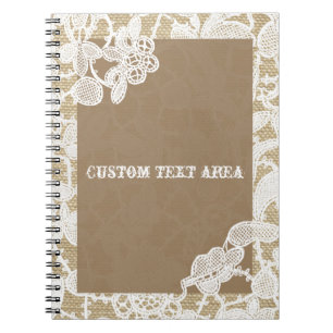 Caderno Espiral Burlap & White Floral Lace Elegante Diário Russo