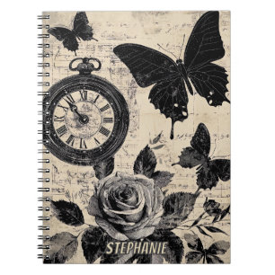 Caderno Espiral Bússola Borboleta Floral Sépia Vagabundice