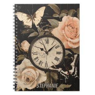 Caderno Espiral Bússola Vintage Borboleta Floral Marrom