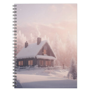 Caderno Espiral Cabina de madeira encantadora coberta por neve em 