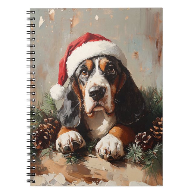 Caderno Espiral Caça-Basset numa Pintura a Óleo de Santa Hat (Frente)