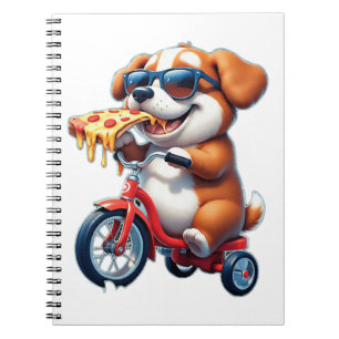 Caderno Espiral cachorrinho andando de bicicleta comendo pizza