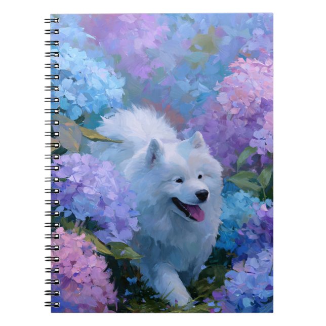 Caderno Espiral Cachorro Branco Fluffy no notebook Hydrangeas (Frente)