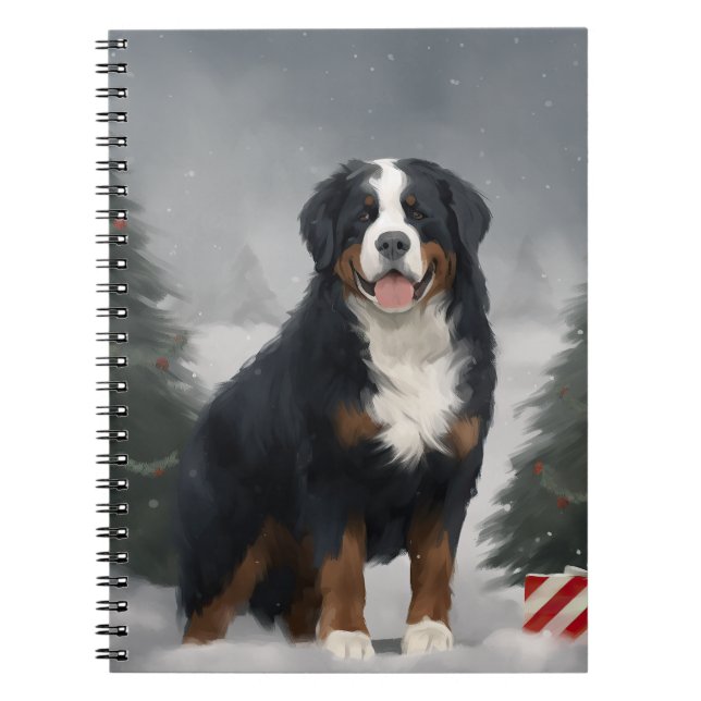 Caderno Espiral Cachorro da Montanha Bernese no Natal da Neve (Frente)