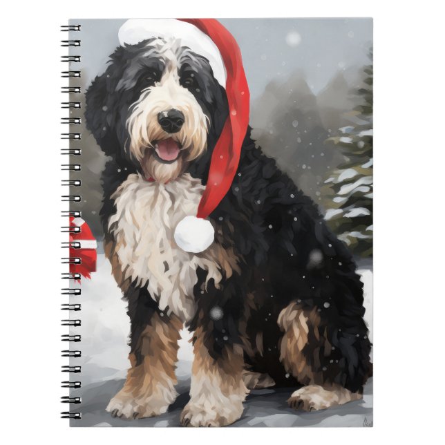 Caderno Espiral Cachorro de Bernedoodle no Natal da Neve (Frente)