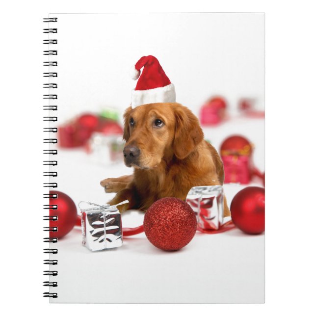 Caderno Espiral Cachorro do ouro W Red Santa Hat Natal (Frente)