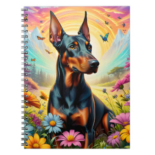 Caderno Espiral Cachorro Doberman, Flores e Cena de Montanha