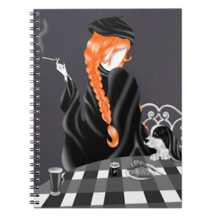 Caderno Espiral Cachorro e dama no café francês laranja