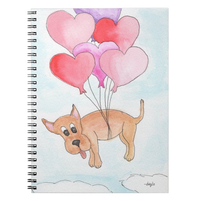 Caderno Espiral Cachorro Flutuando com Balões de Coração (Frente)