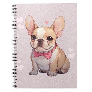 Caderno Espiral Cachorro francês bonito com gravata rosa
