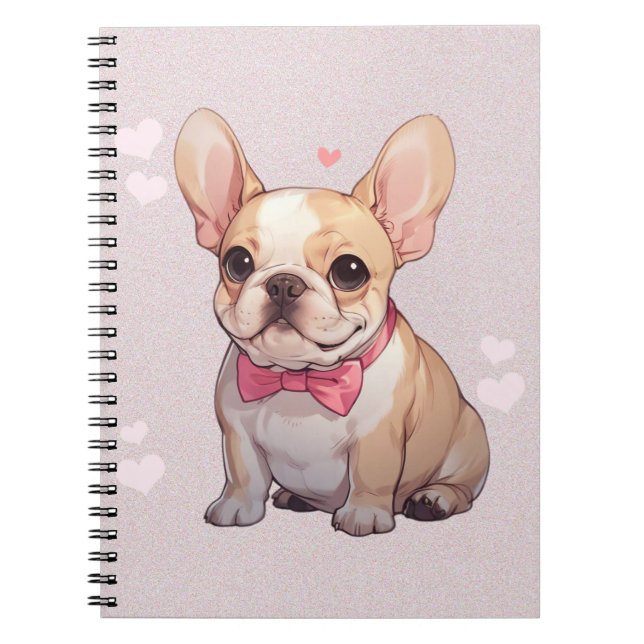 Caderno Espiral Cachorro francês bonito com gravata rosa (Frente)