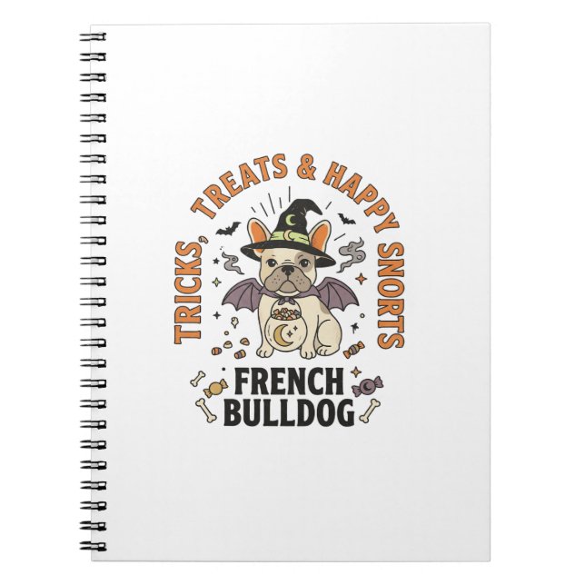 Caderno Espiral Cachorro Francês de Halloween Trapaceiro (Frente)