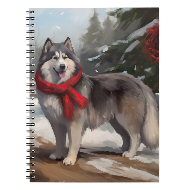 Caderno Espiral Cachorro Malamute do Alasca no Natal da Neve (Frente)