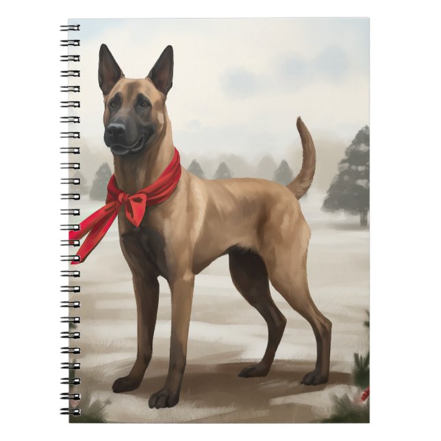 Caderno Espiral Cachorro Malinois belga no Natal da neve (Frente)