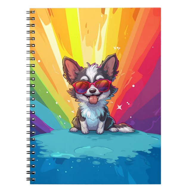 Caderno Espiral Cachorro Marrom e Branco Usando Óculos de Sol (Frente)