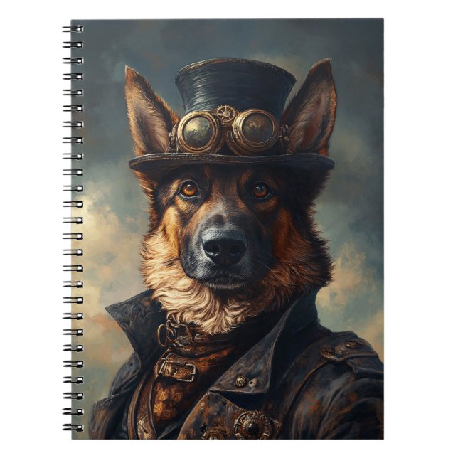 Caderno Espiral Cachorro Pastor Alemão Steampunk em Cartola (Frente)