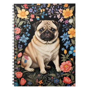 Caderno Espiral Cachorro Pug Fofo Elegante Floral Colorido