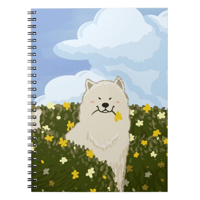 Caderno Espiral Cachorro Samoyed Fofo em Campo de Flores Amarelas  (Frente)