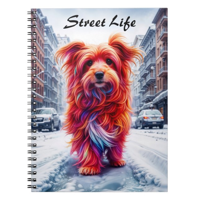 Caderno Espiral Cachorro sem-teto numa fria noite urbana de neve (Frente)