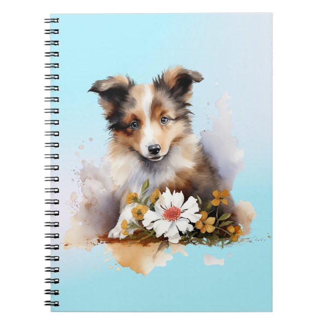 Caderno Espiral Cachorro Shetland Sheepdog Filhote Pet Aquarela Fl (Frente)