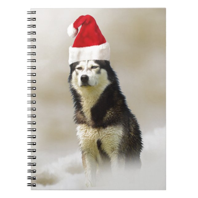 Caderno Espiral Cachorro Siberiano Husky com Papai Noel em neve (Frente)