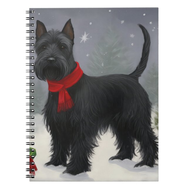 Caderno Espiral Cachorro Terrier escocês no Natal da neve (Frente)