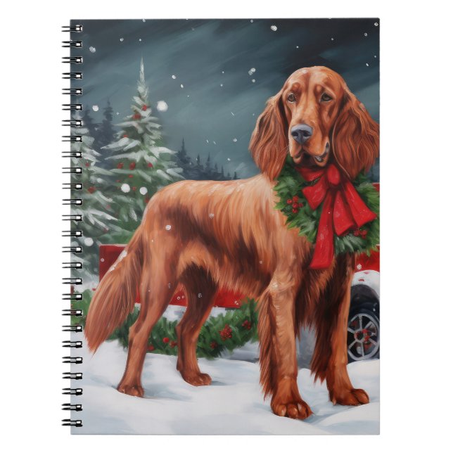 Caderno Espiral Cachorro Vermelho Irlandês no Natal da Neve (Frente)