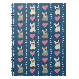 Caderno Espiral Cachorros fofos, Frenchie, corações e ossos