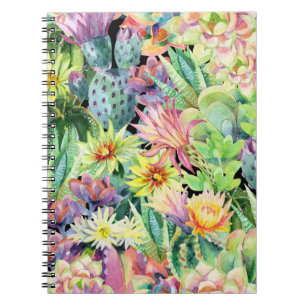 Caderno Espiral Cacto de coloração d'água, padrão sem costura.