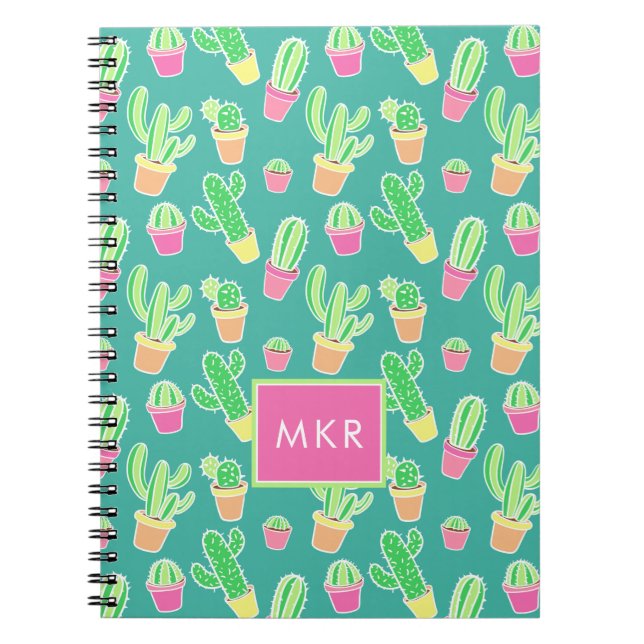 Caderno Espiral Cacto de néon da aguarela no teste padrão dos (Frente)