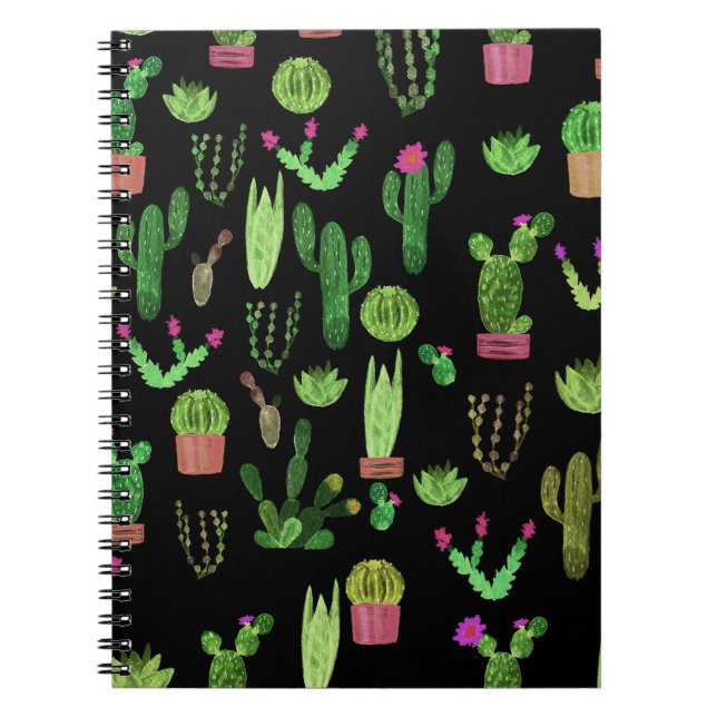 Caderno Espiral Cactus de Aquarela Planta Sem Costura Fundo (Frente)