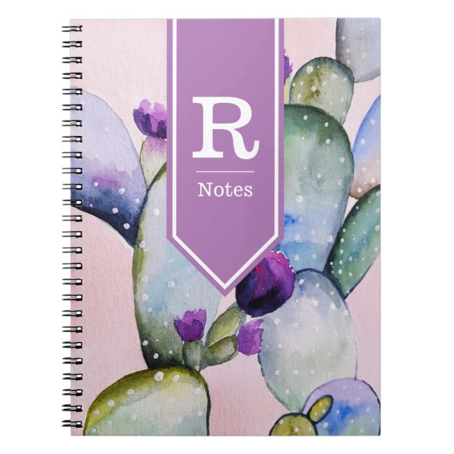 Caderno Espiral Cactus e Blossomas de Aquarela | Personalizado (Frente)
