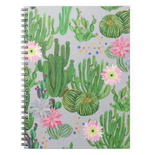 Caderno Espiral Cactus e flores, pintura sem costura com aquarela.