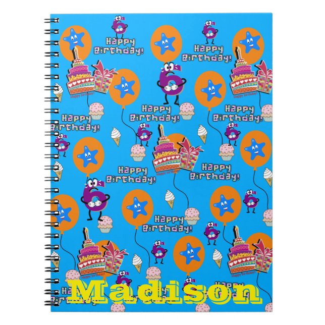 Caderno Espiral Caderno, Feliz Aniversário de 6 anos Notas Azul (Frente)