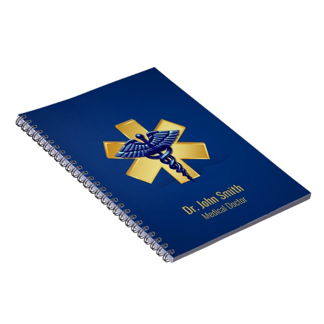Caderno Espiral Caduceu Azul Médico 3D Cruz Dourada (Lado Direito)