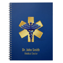 Caderno Espiral Caduceu Azul Médico 3D Cruz Dourada