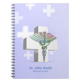 Caderno Espiral Caduceu Cruz Branca Médica 3D Holográfico