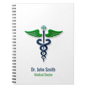 Caderno Espiral Caduceu Elegante Médico Verde Asas Cruz Azul