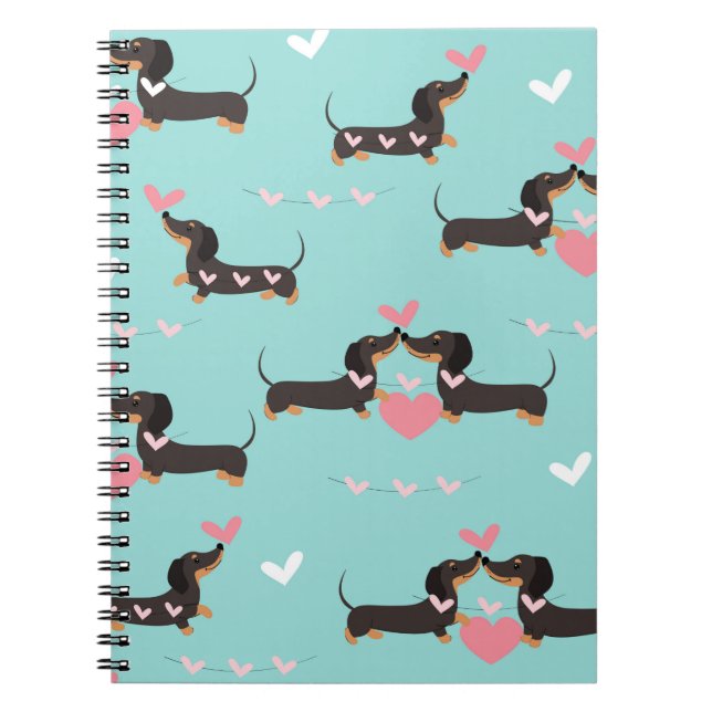 Caderno Espiral Cães-dachshund apaixonados e corações, padrão perf (Frente)