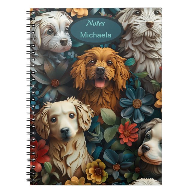 Caderno Espiral Cães e flores coloridas design (Frente)