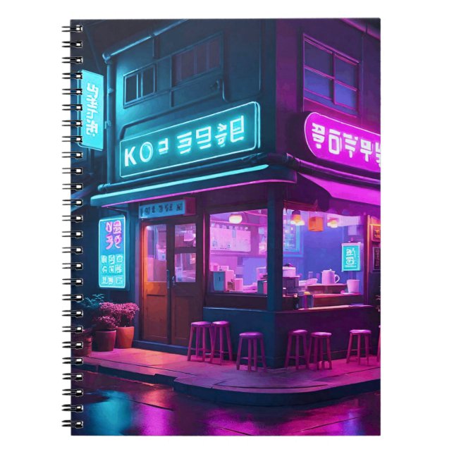 Caderno Espiral Café Coreano Neon LoFi Arte  (Frente)
