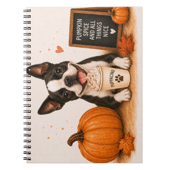 Caderno Espiral Café de Outono do Boston Terrier (Frente)