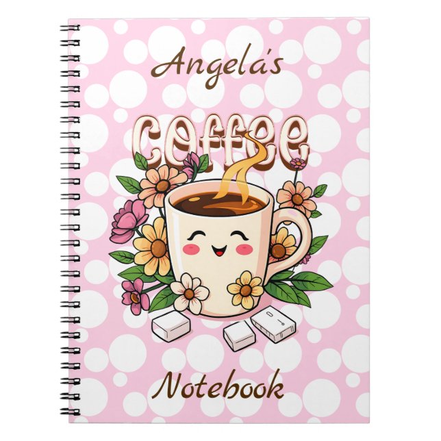 Caderno Espiral Café e Flores Kawaii, Retro, Cute Personalizados (Frente)
