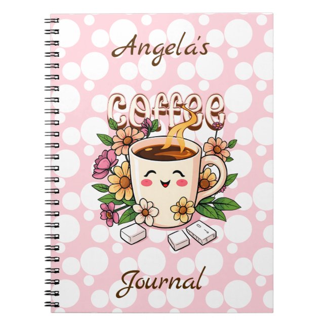 Caderno Espiral Café e Flores Kawaii, Retro, Cute Personalizados (Frente)
